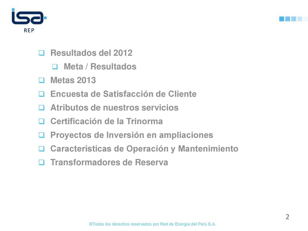 Resultados del 2012 Meta / Resultados. Metas Encuesta de Satisfacción de Cliente. Atributos de nuestros servicios.