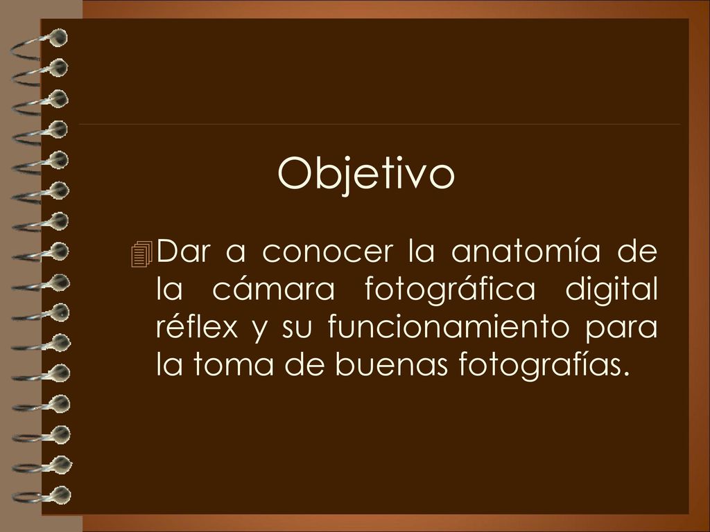 Objetivo Dar a conocer la anatomía de la cámara fotográfica digital réflex y su funcionamiento para la toma de buenas fotografías.