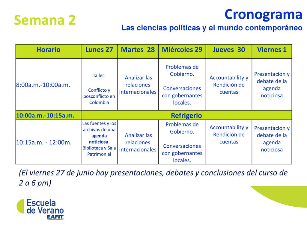 Cronograma Las ciencias políticas y el mundo contemporáneo. Semana 2. Horario. Lunes 27. Martes 28.