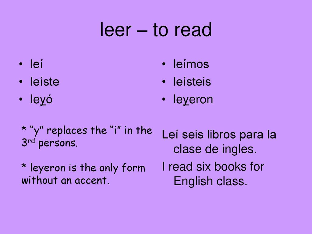 leer – to read leí leíste leyó leímos leísteis leyeron