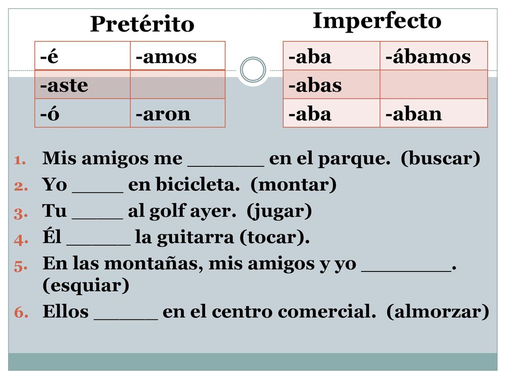 Imperfecto Pretérito -é -amos -aste -ó -aron -aba -ábamos -abas -aban