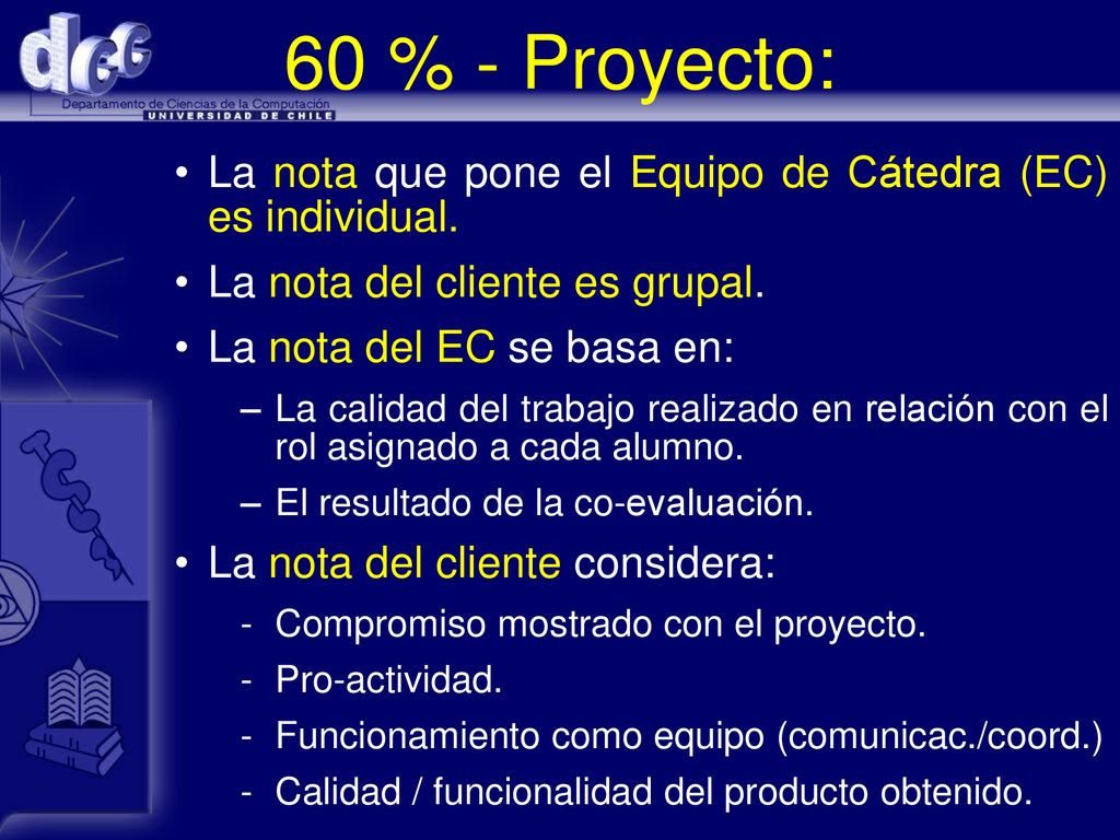 60 % - Proyecto: La nota que pone el Equipo de Cátedra (EC) es individual. La nota del cliente es grupal.
