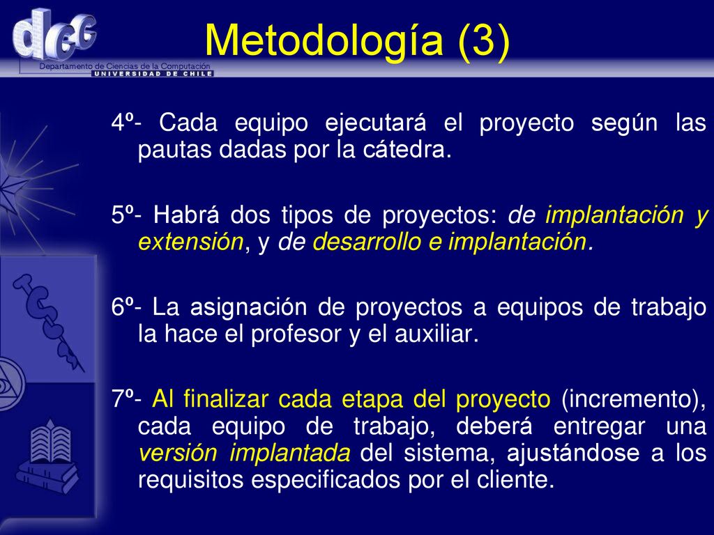 Metodología (3) 4º- Cada equipo ejecutará el proyecto según las pautas dadas por la cátedra.