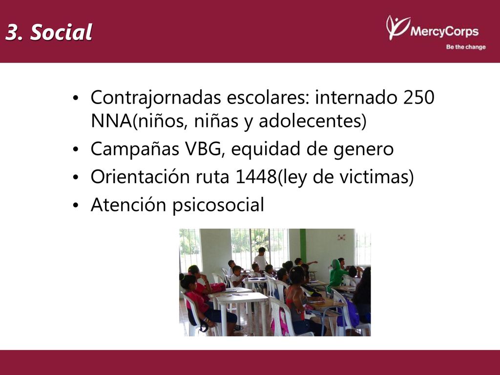 3. Social Contrajornadas escolares: internado 250 NNA(niños, niñas y adolecentes) Campañas VBG, equidad de genero.
