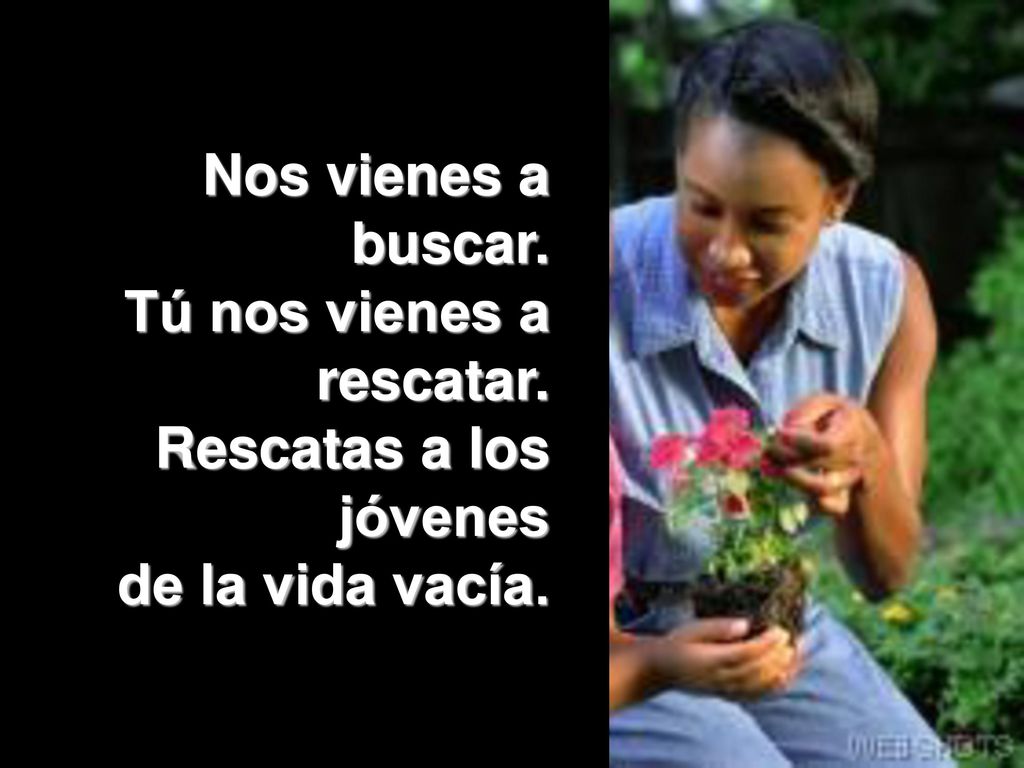 Nos vienes a buscar. Tú nos vienes a rescatar. Rescatas a los jóvenes de la vida vacía.