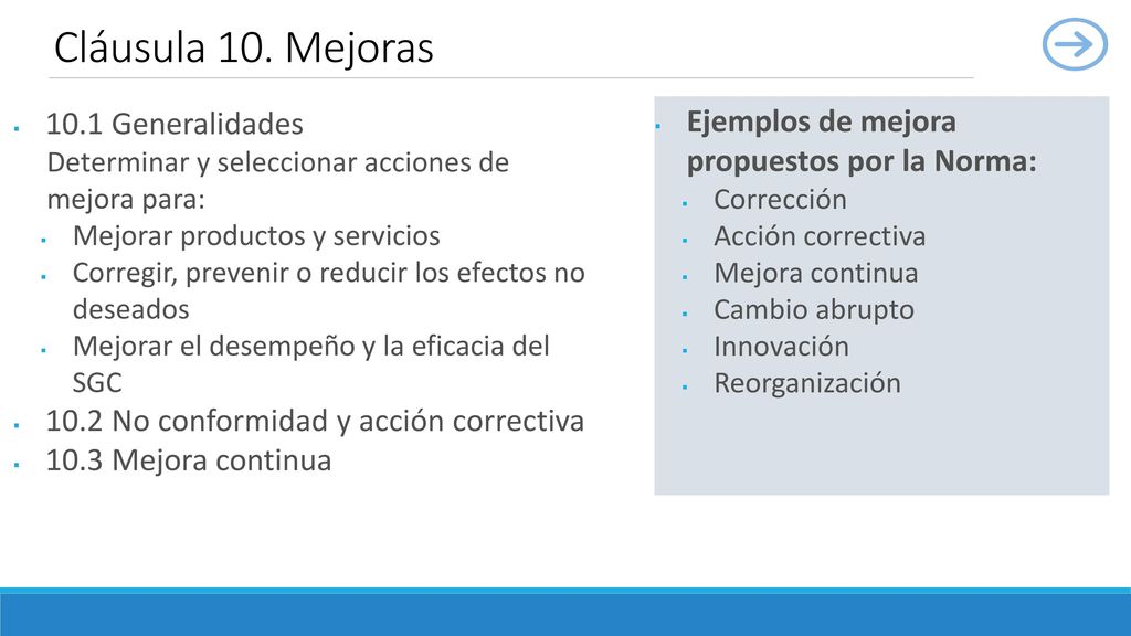 Cláusula 10. Mejoras Ejemplos de mejora propuestos por la Norma: