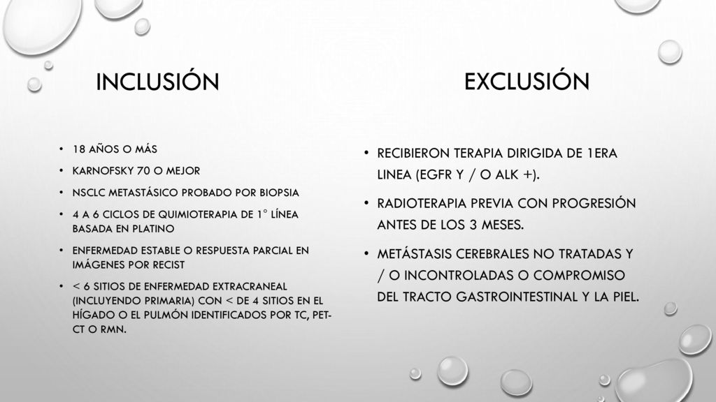 Inclusión Exclusión. 18 años o más. Karnofsky 70 o mejor. NSCLC metastásico probado por biopsia.