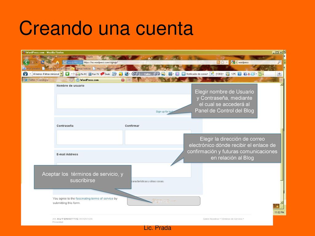 Creando una cuenta Crear un blog en pocos pasos Lic. Prada