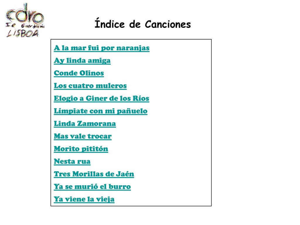 Índice de Canciones A la mar fui por naranjas Ay linda amiga