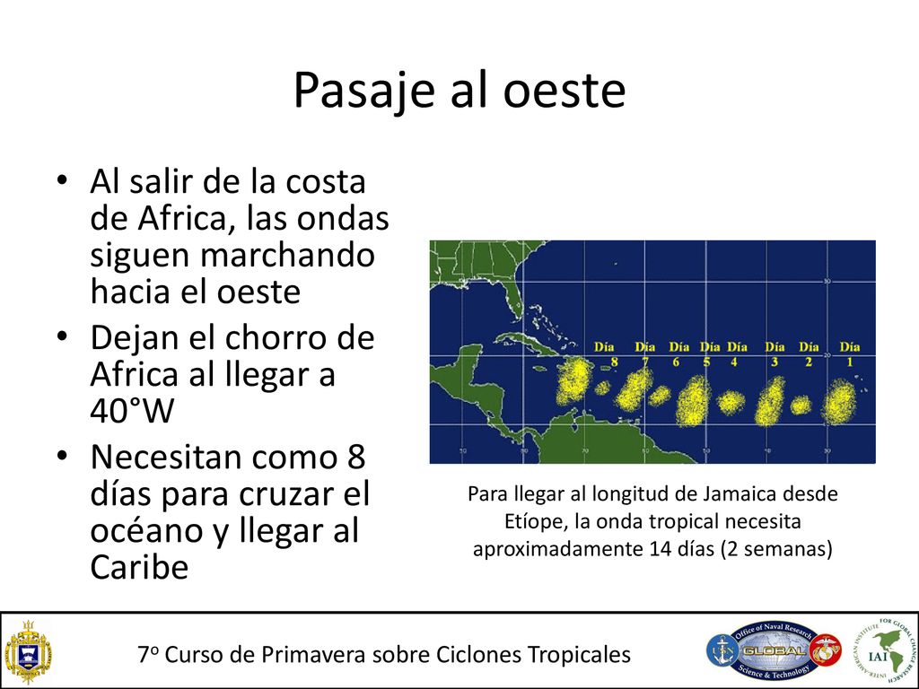 Pasaje al oeste Al salir de la costa de Africa, las ondas siguen marchando hacia el oeste. Dejan el chorro de Africa al llegar a 40°W.