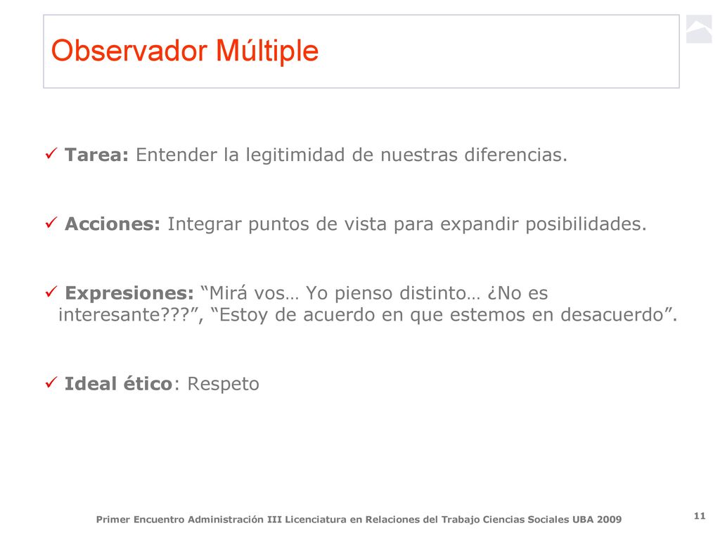 Observador Múltiple Tarea: Entender la legitimidad de nuestras diferencias. Acciones: Integrar puntos de vista para expandir posibilidades.