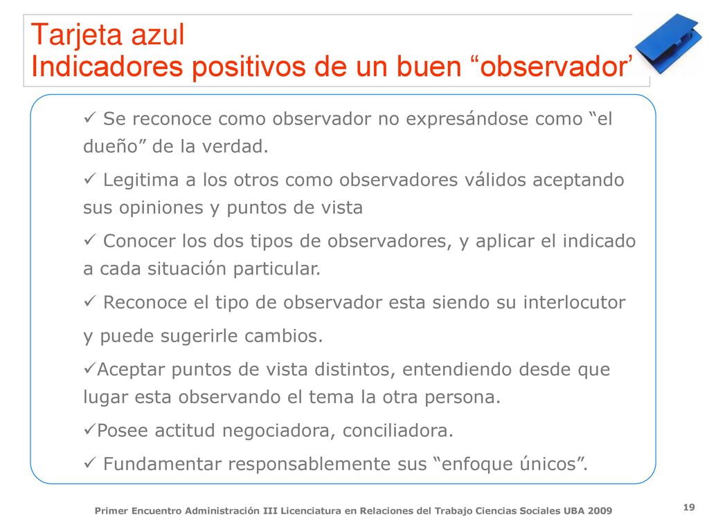 Tarjeta azul Indicadores positivos de un buen observador