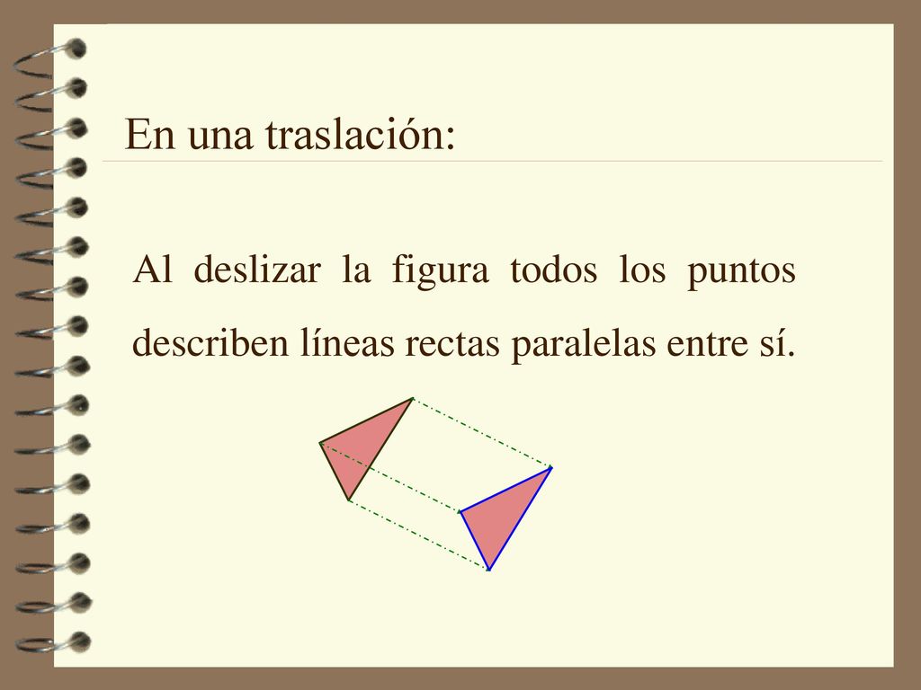 En una traslación: Al deslizar la figura todos los puntos describen líneas rectas paralelas entre sí.