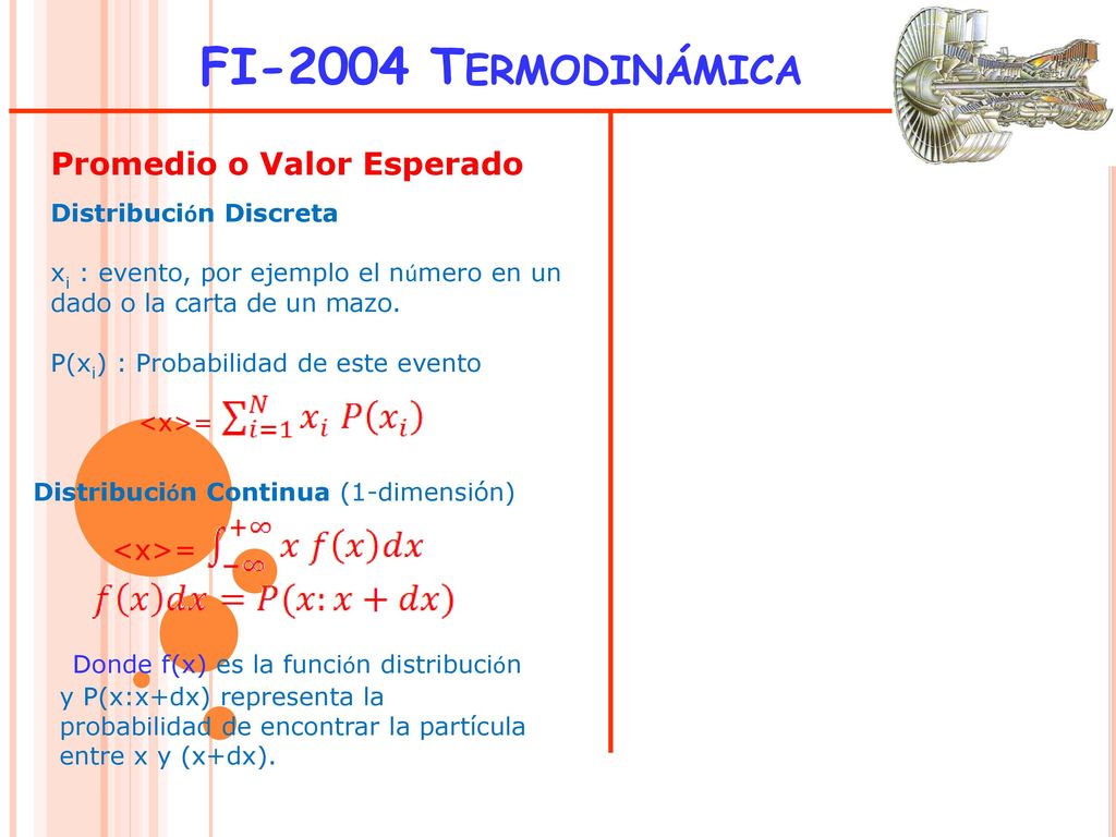 FI-2004 Termodinámica Promedio o Valor Esperado. Distribución Discreta. xi : evento, por ejemplo el número en un.