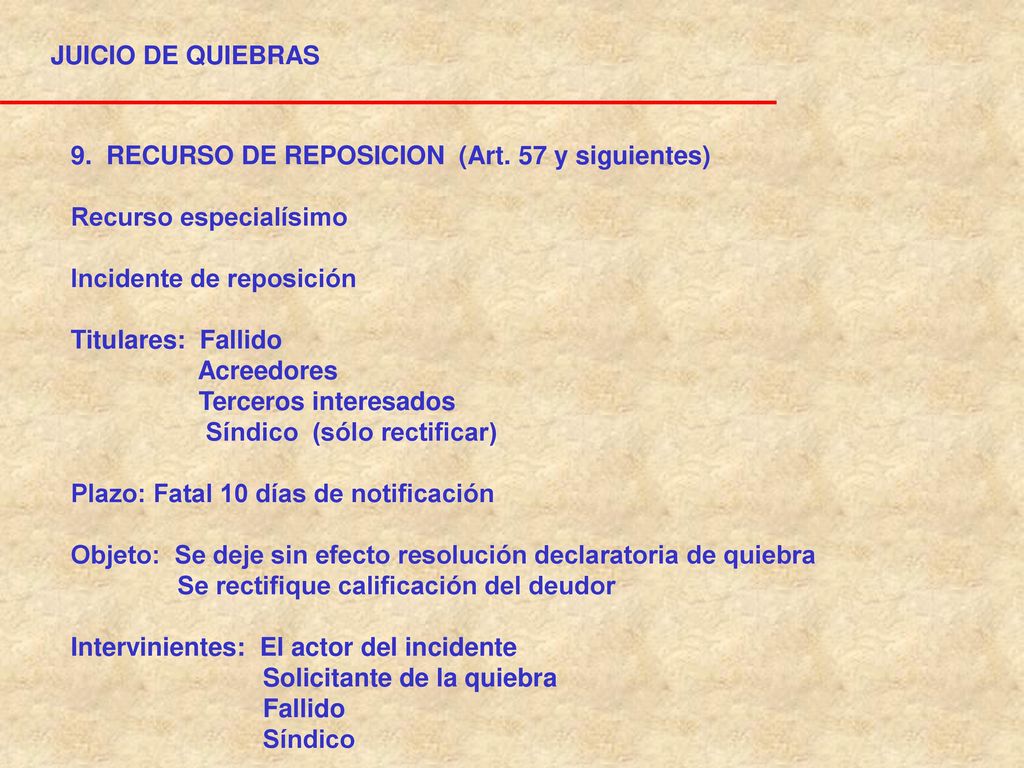 JUICIO DE QUIEBRAS 9. RECURSO DE REPOSICION (Art. 57 y siguientes) Recurso especialísimo. Incidente de reposición.
