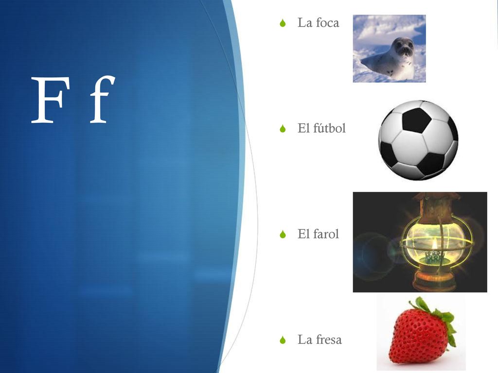 La foca El fútbol El farol La fresa F f
