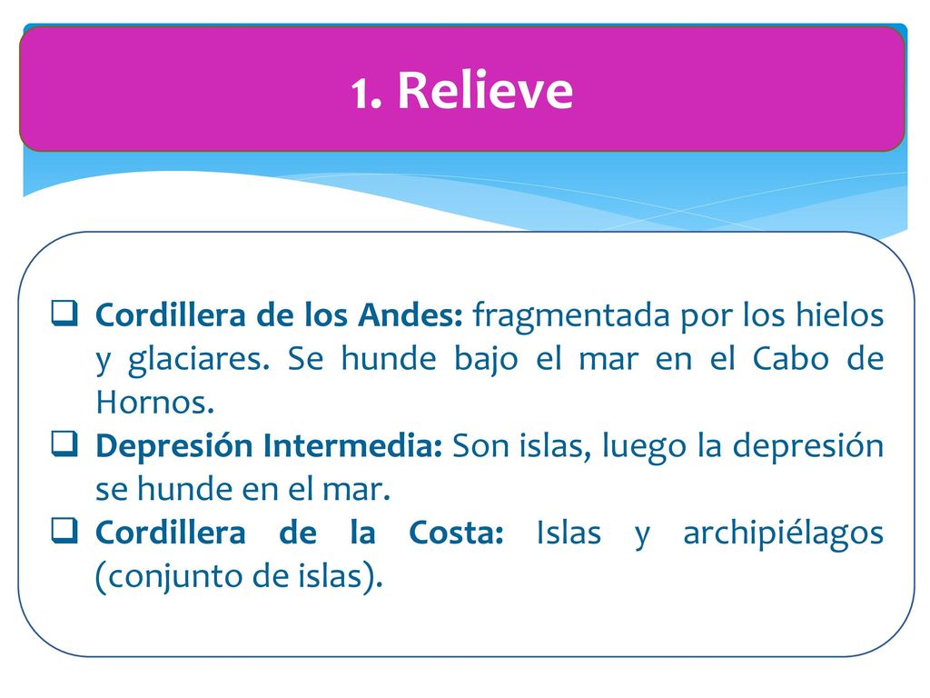 1. Relieve Cordillera de los Andes: fragmentada por los hielos y glaciares. Se hunde bajo el mar en el Cabo de Hornos.