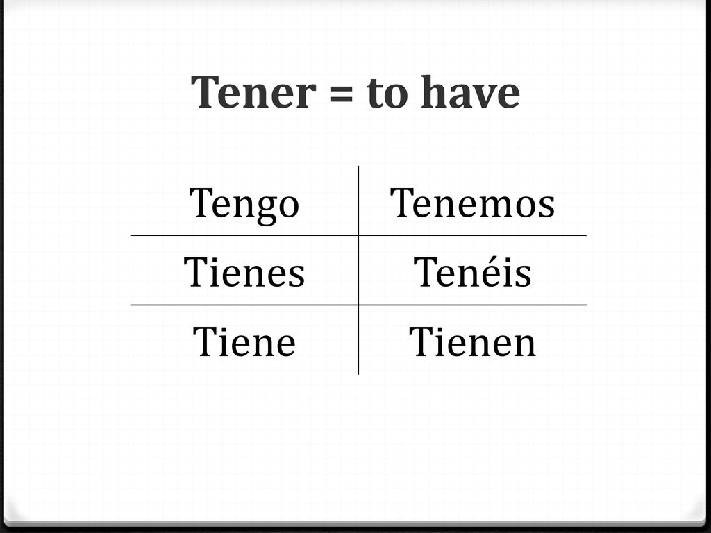 Tener = to have Tengo Tenemos Tienes Tenéis Tiene Tienen
