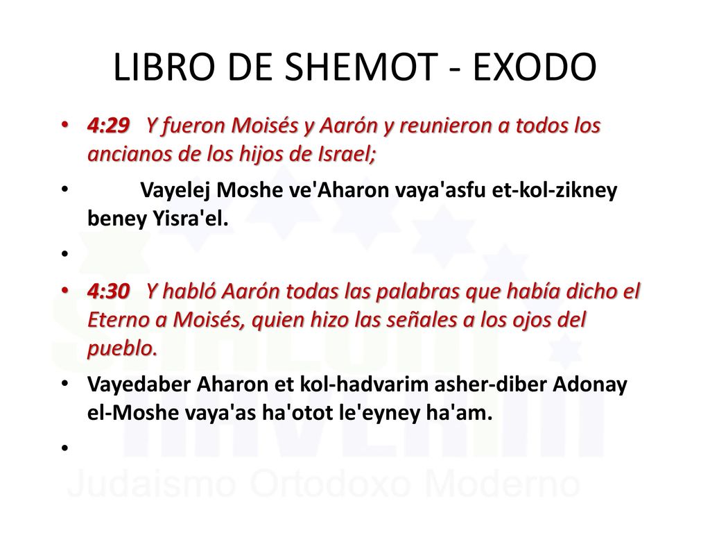 LIBRO DE SHEMOT - EXODO 4:29 Y fueron Moisés y Aarón y reunieron a todos los ancianos de los hijos de Israel;