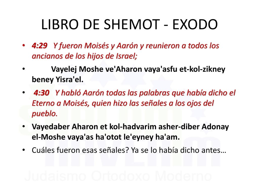 LIBRO DE SHEMOT - EXODO 4:29 Y fueron Moisés y Aarón y reunieron a todos los ancianos de los hijos de Israel;