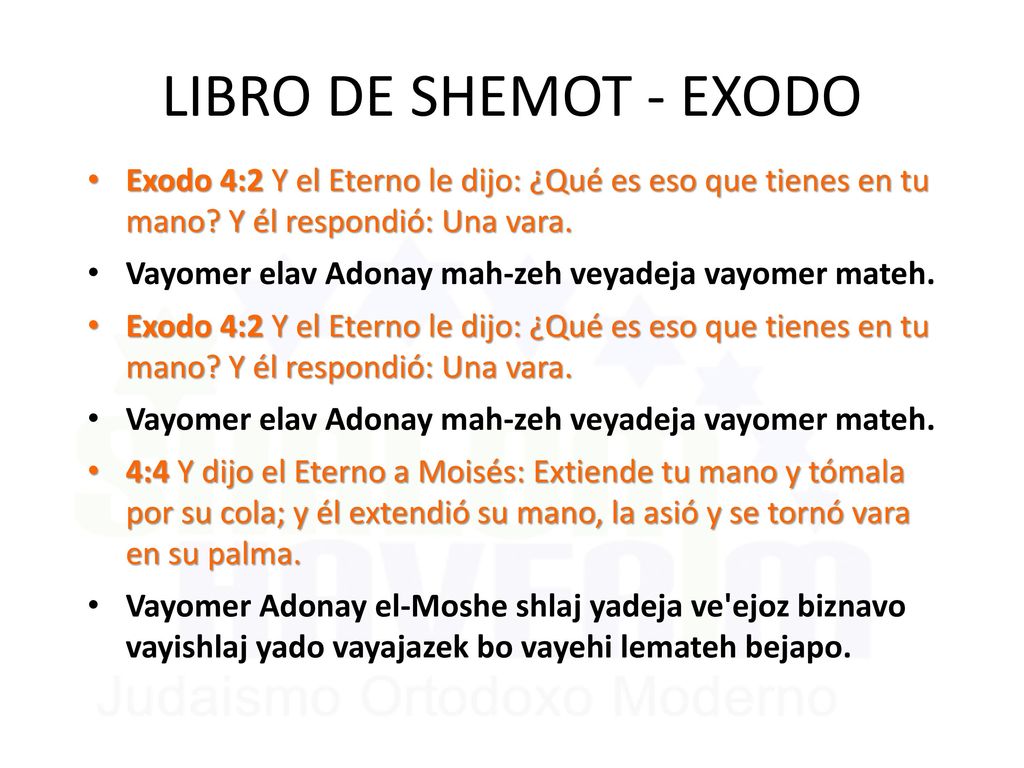LIBRO DE SHEMOT - EXODO Exodo 4:2 Y el Eterno le dijo: ¿Qué es eso que tienes en tu mano Y él respondió: Una vara.