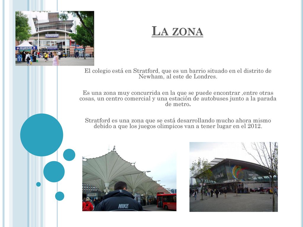 La zona El colegio está en Stratford, que es un barrio situado en el distrito de Newham, al este de Londres.