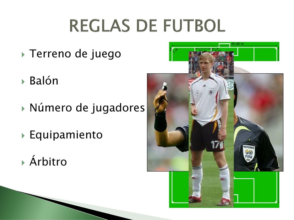 REGLAS DE FUTBOL Terreno de juego Balón Número de jugadores