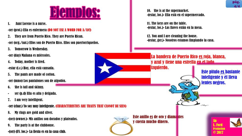 pág. 4/4 Ejemplos: Aunt Lorene is a nurse. -ser (prof.) Ella es enfermera (DO NOT USE A WORD FOR A/AN!)