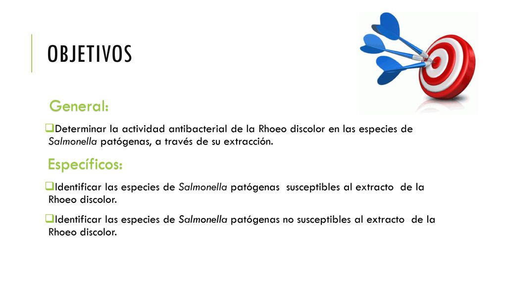 Objetivos General: Determinar la actividad antibacterial de la Rhoeo discolor en las especies de Salmonella patógenas, a través de su extracción.