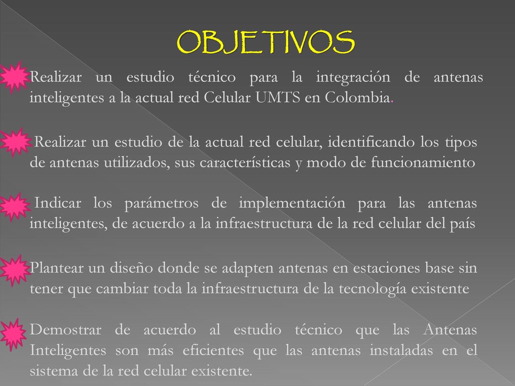 OBJETIVOS Realizar un estudio técnico para la integración de antenas inteligentes a la actual red Celular UMTS en Colombia.