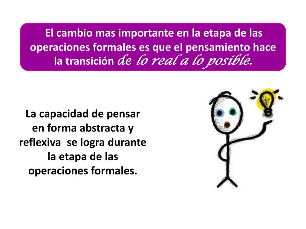 El cambio mas importante en la etapa de las operaciones formales es que el pensamiento hace la transición de lo real a lo posible.