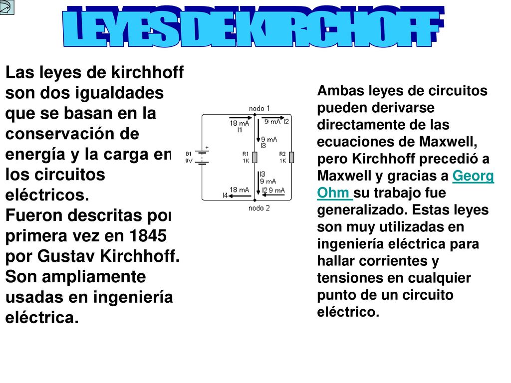 LEYES DE KIRCHOFF Las leyes de kirchhoff son dos igualdades que se basan en la. conservación de energía y la carga en los circuitos eléctricos.