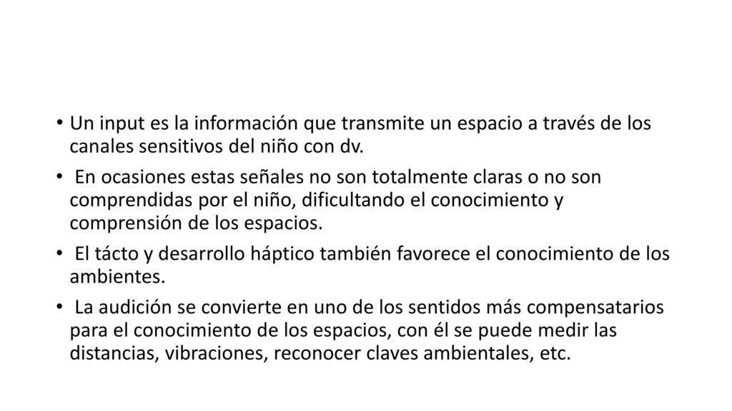 Un input es la información que transmite un espacio a través de los canales sensitivos del niño con dv.