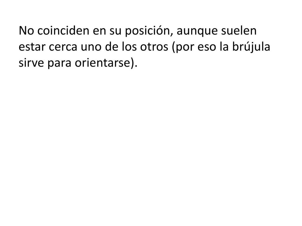 No coinciden en su posición, aunque suelen estar cerca uno de los otros (por eso la brújula sirve para orientarse).