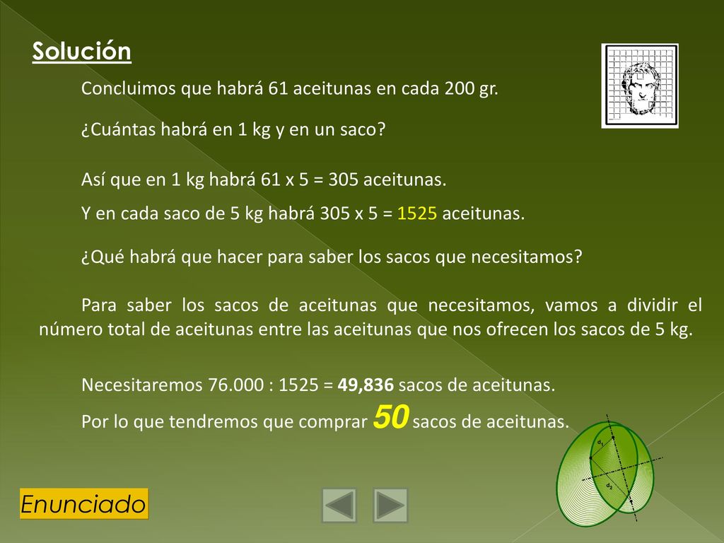 Solución Enunciado Concluimos que habrá 61 aceitunas en cada 200 gr.
