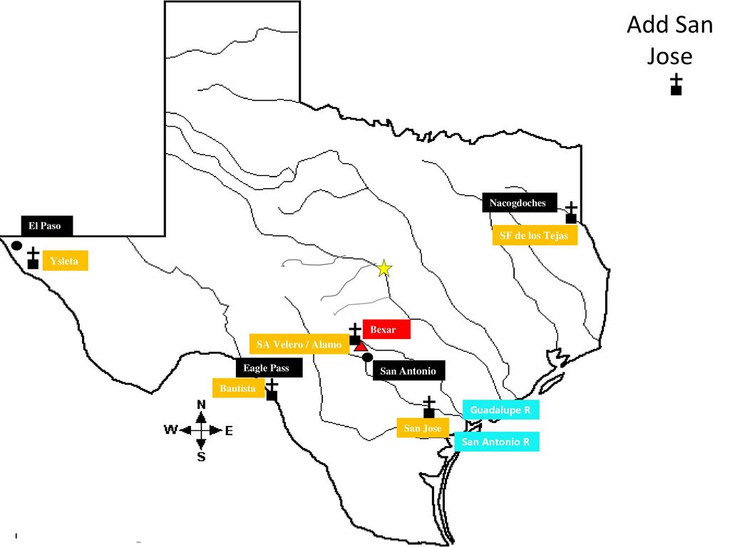 Add San Jose Nacogdoches El Paso SF de los Tejas Ysleta Bexar