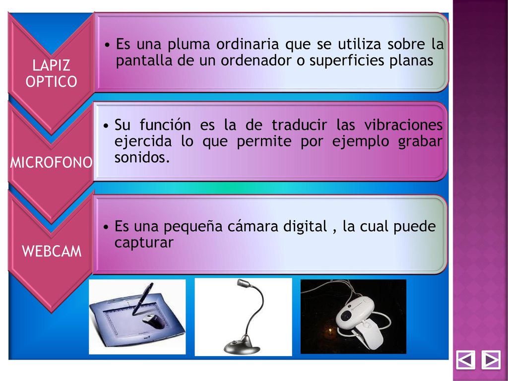 LAPIZ OPTICO Es una pluma ordinaria que se utiliza sobre la pantalla de un ordenador o superficies planas.