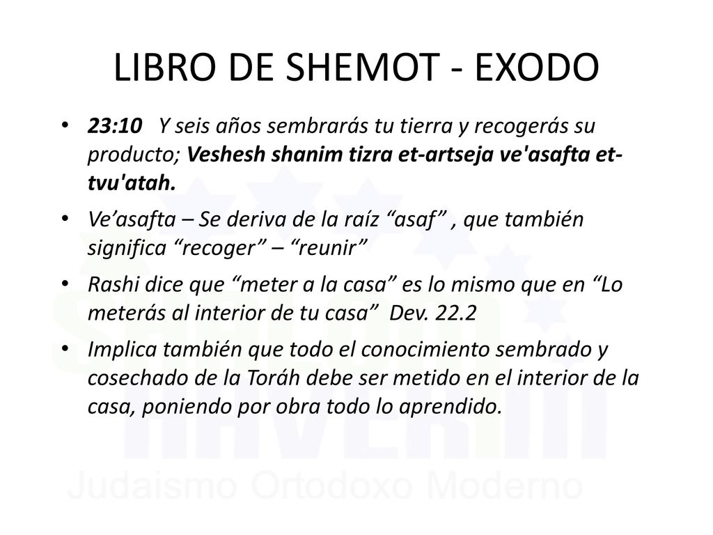 LIBRO DE SHEMOT - EXODO 23:10 Y seis años sembrarás tu tierra y recogerás su producto; Veshesh shanim tizra et-artseja ve asafta et- tvu atah.