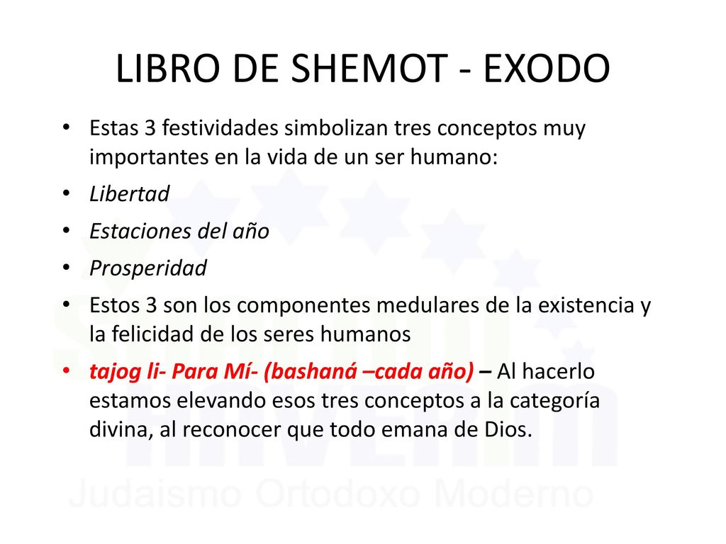LIBRO DE SHEMOT - EXODO Estas 3 festividades simbolizan tres conceptos muy importantes en la vida de un ser humano: