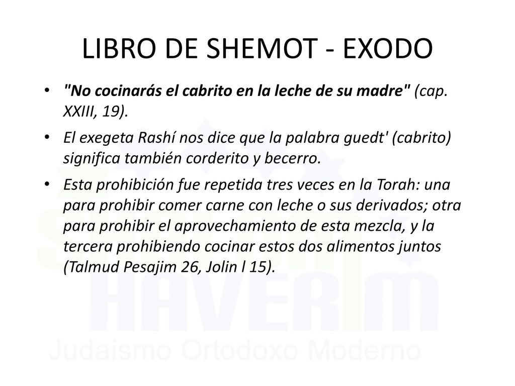 LIBRO DE SHEMOT - EXODO No cocinarás el cabrito en la leche de su madre (cap. XXIII, 19).