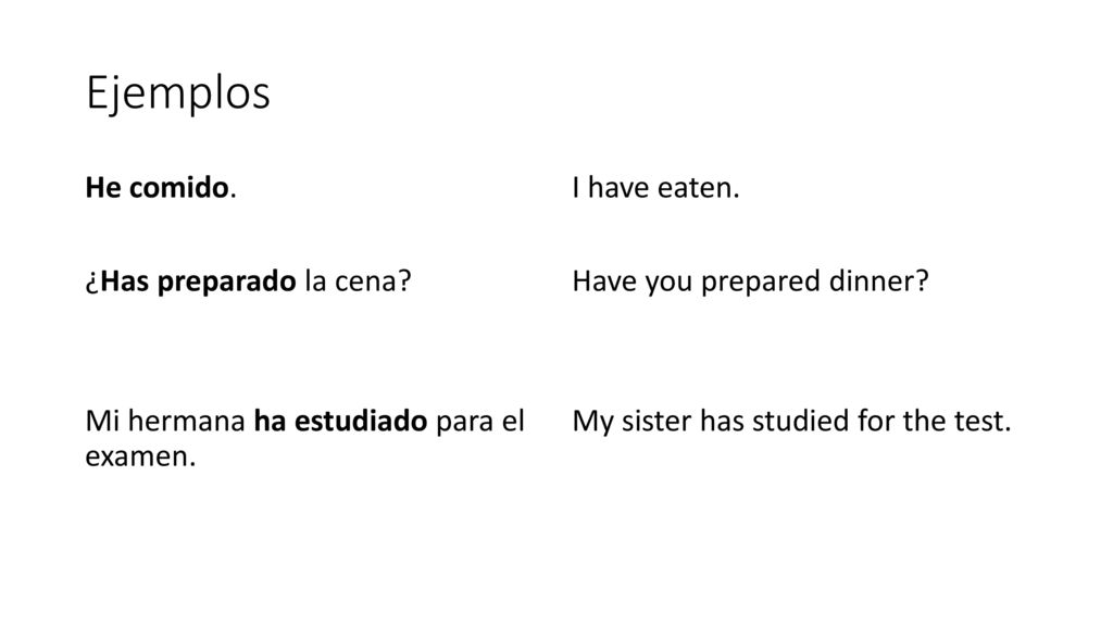 Ejemplos He comido. ¿Has preparado la cena Mi hermana ha estudiado para el examen.