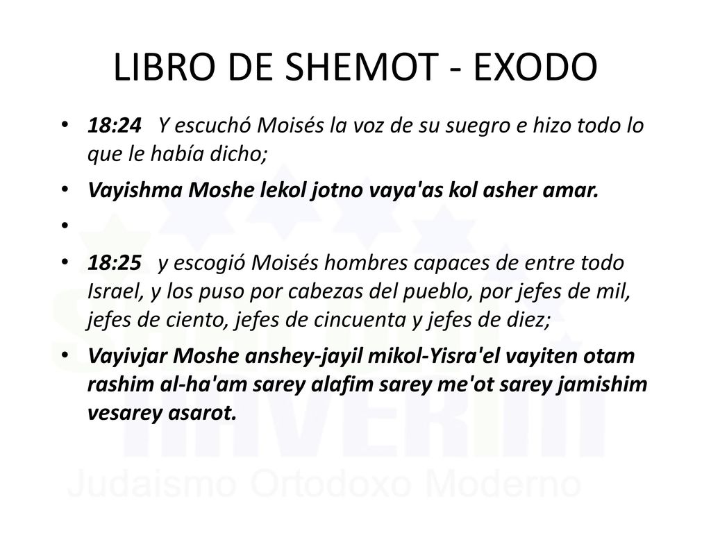 LIBRO DE SHEMOT - EXODO 18:24 Y escuchó Moisés la voz de su suegro e hizo todo lo que le había dicho;