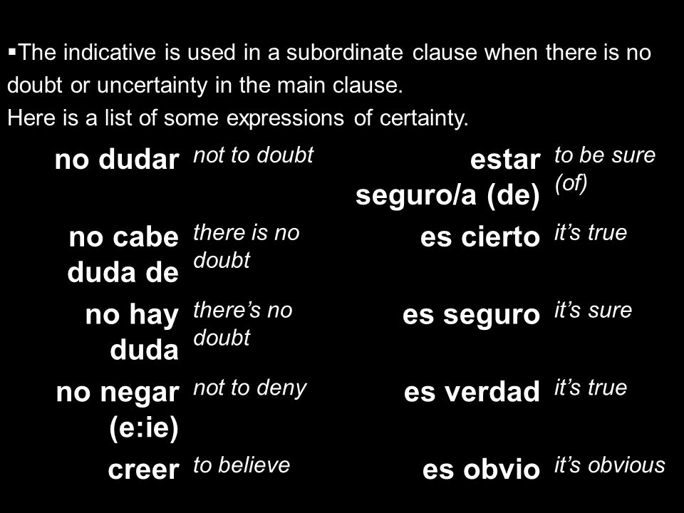 no dudar estar seguro/a (de) no cabe duda de es cierto no hay duda