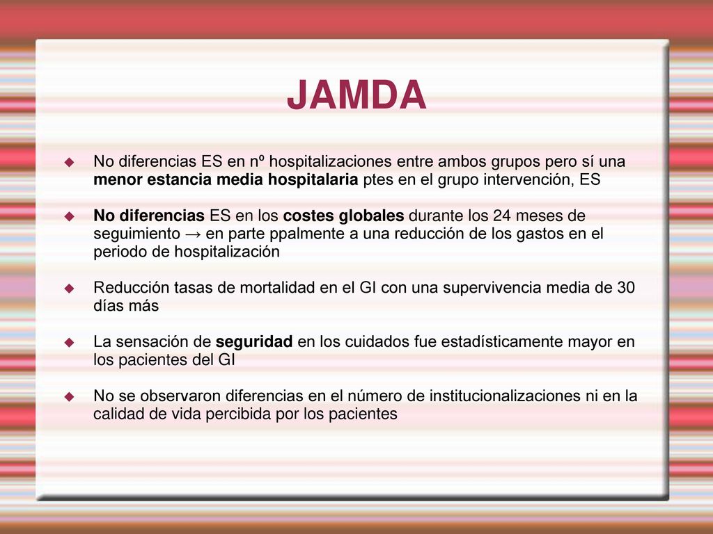 JAMDA No diferencias ES en nº hospitalizaciones entre ambos grupos pero sí una menor estancia media hospitalaria ptes en el grupo intervención, ES.