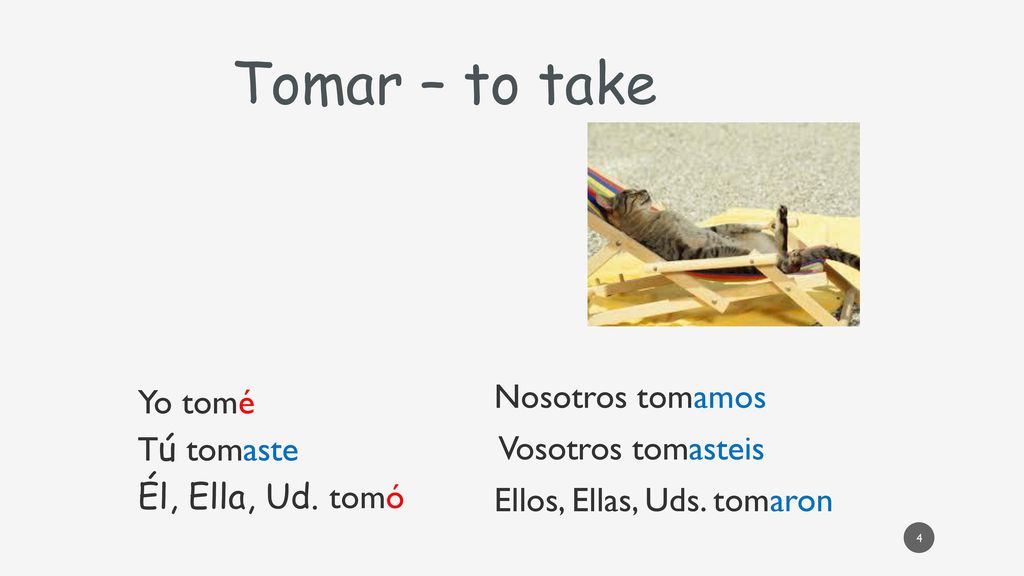 Tomar – to take Nosotros tomamos Yo tomé Vosotros tomasteis Tú tomaste
