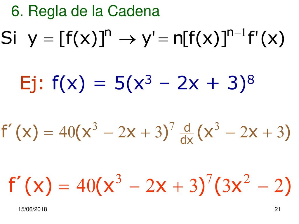 6. Regla de la Cadena Ej: f(x) = 5(x3 – 2x + 3)8 15/06/2018