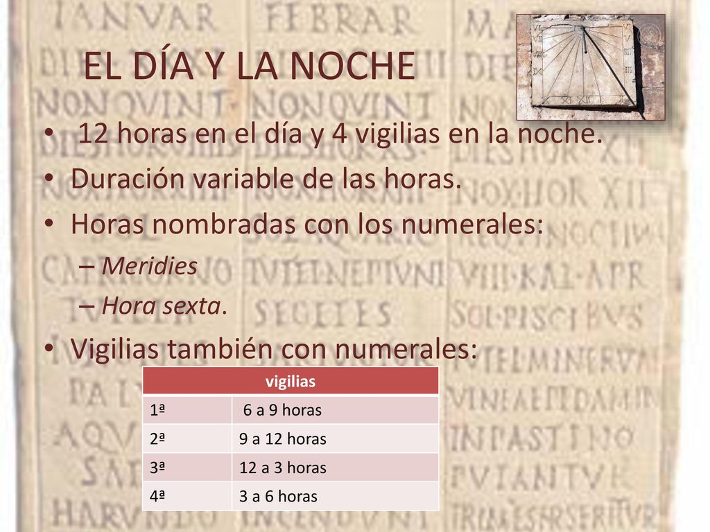 EL DÍA Y LA NOCHE 12 horas en el día y 4 vigilias en la noche.