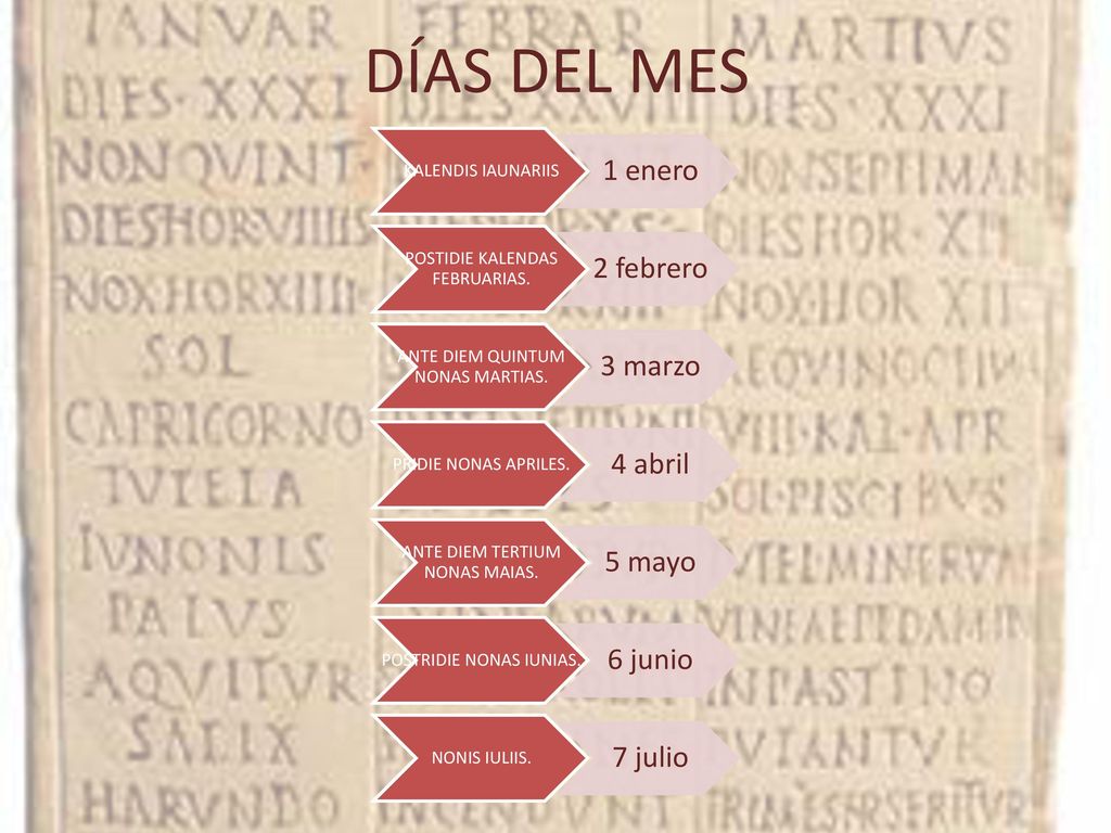 DÍAS DEL MES 1 enero 2 febrero 3 marzo 4 abril 5 mayo 6 junio 7 julio