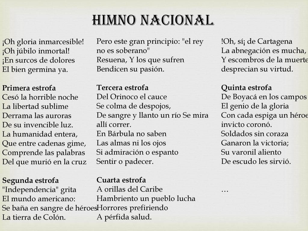 HIMNO NACIONAL ¡Oh gloria inmarcesible! ¡Oh júbilo inmortal! ¡En surcos de dolores El bien germina ya.