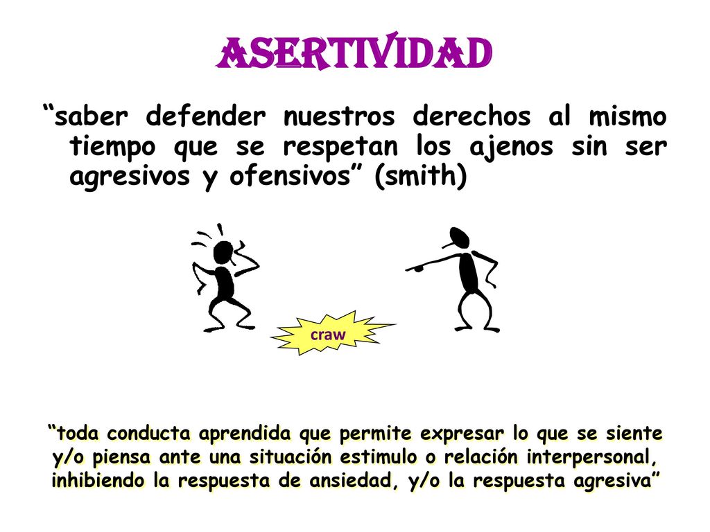ASERTIVIDAD saber defender nuestros derechos al mismo tiempo que se respetan los ajenos sin ser agresivos y ofensivos (smith)